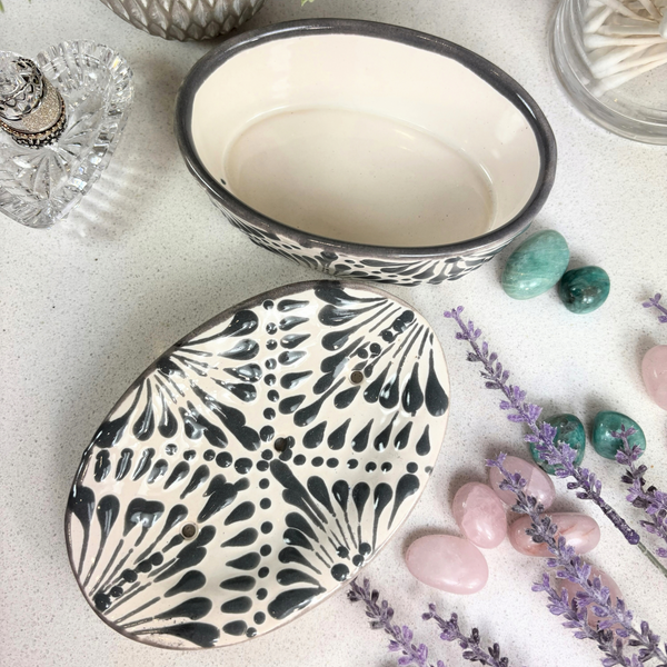 Talavera Soap Dish - Gray Plumeado on White Ceramic