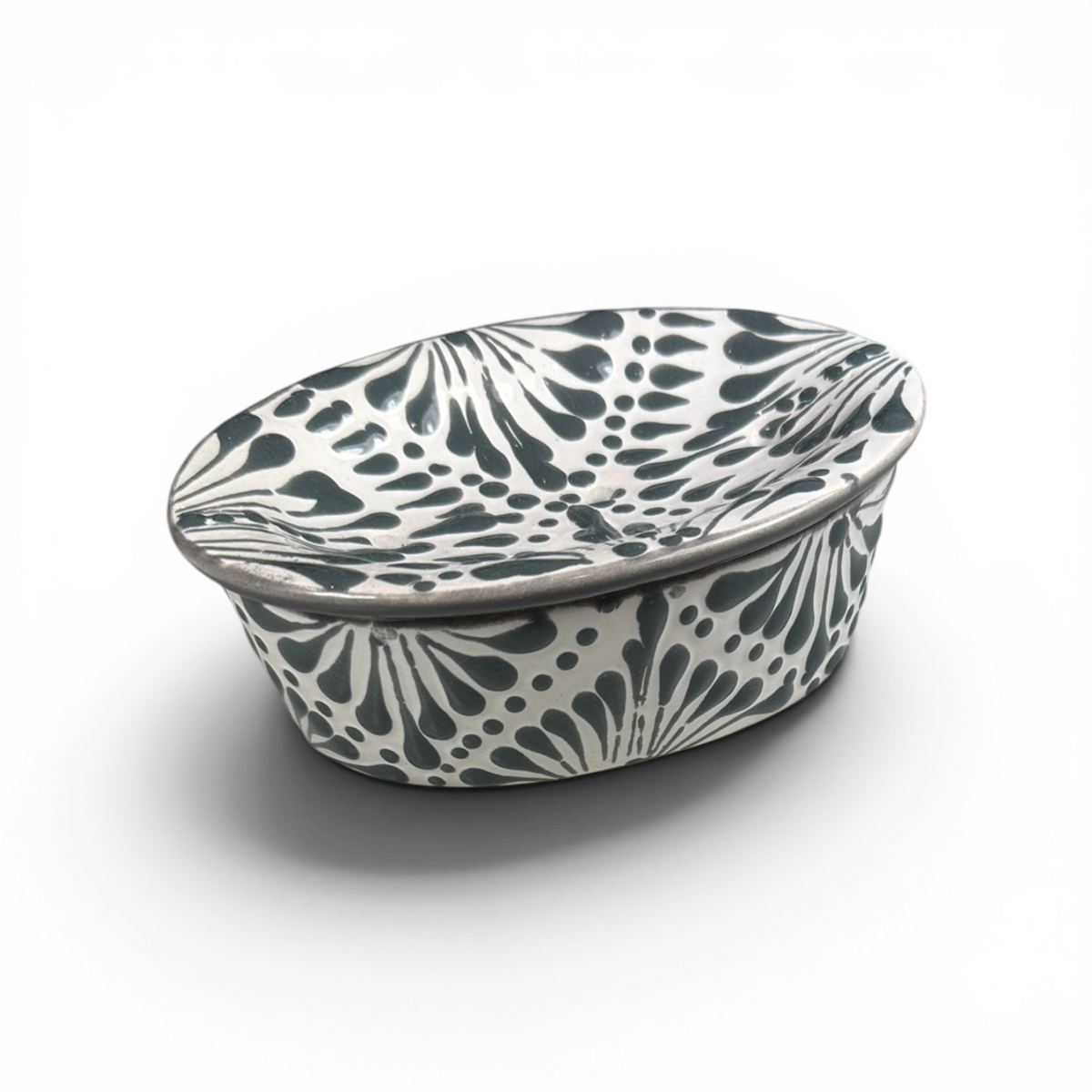 Talavera Soap Dish - Gray Plumeado on White Ceramic