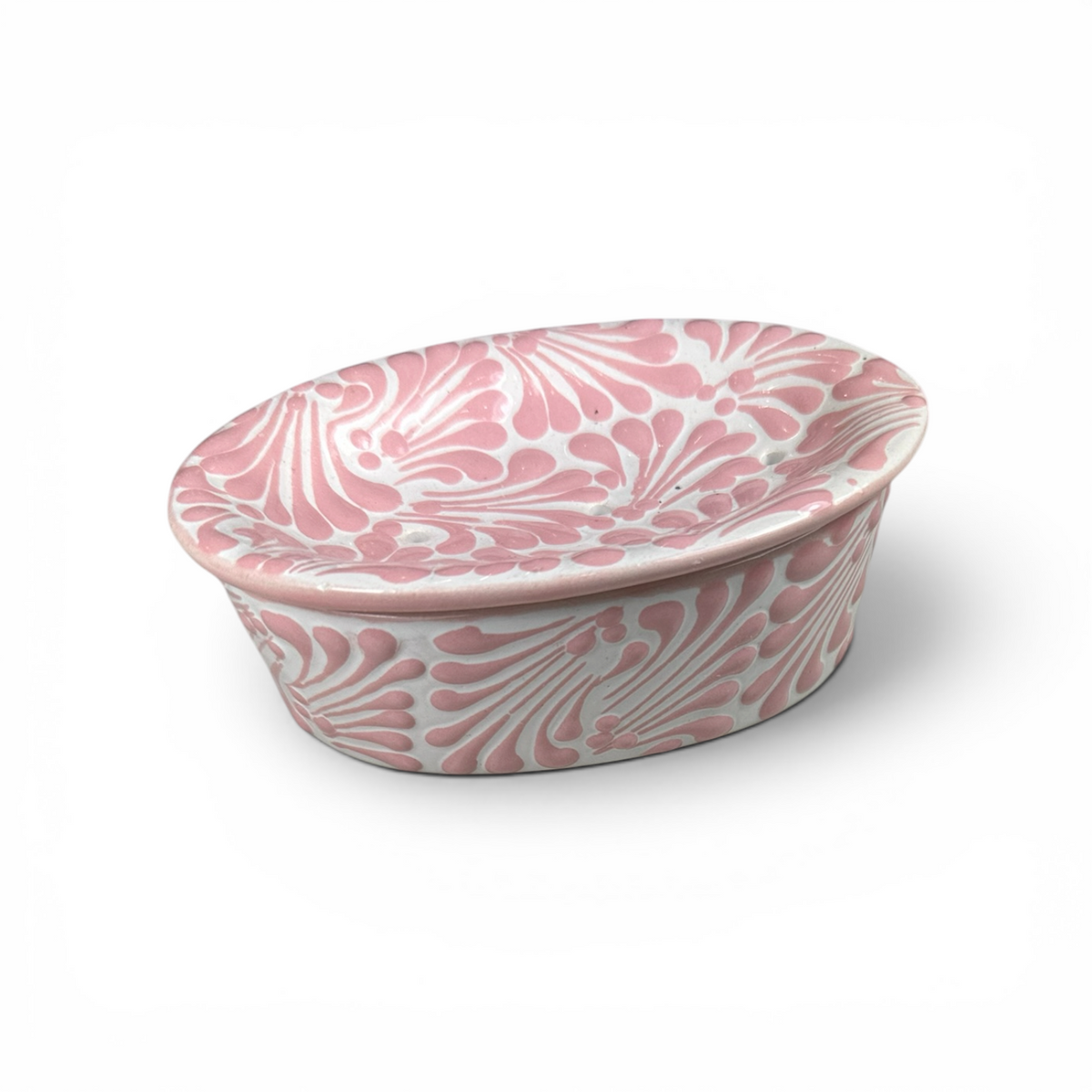 Talavera Soap Dish - Pink Feather Motif on White Ceramic