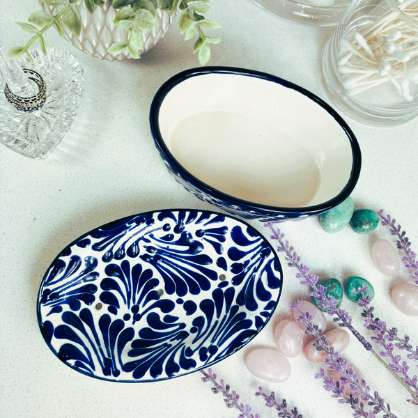 Talavera Soap Dish - Cobalt Blue on White Ceramic