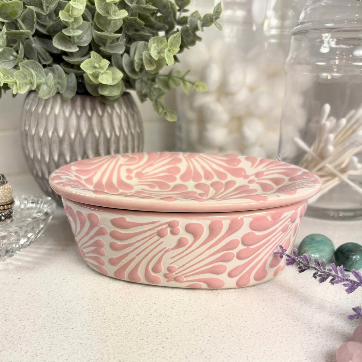 Talavera Soap Dish - Pink Feather Motif on White Ceramic