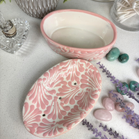 Talavera Soap Dish - Pink Feather Motif on White Ceramic